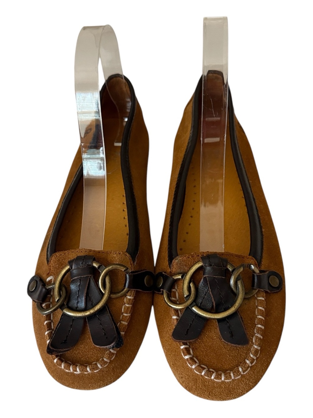 Tecs Peace Moccasins "Amy" , brown w/metal buckle detail,white whipstitching 8.5
